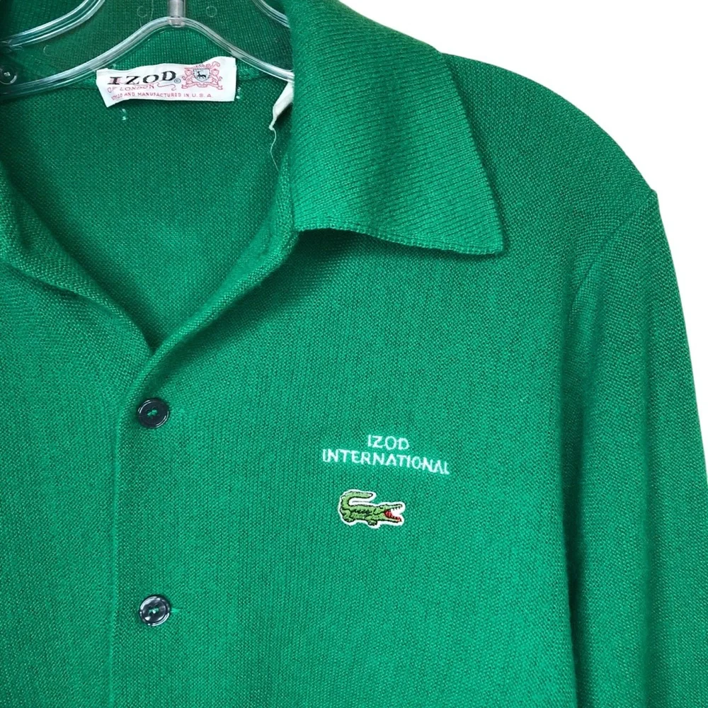 Vintage Izod of London Lacoste Cardigan Men’s Medium Green Alligator Logo Preppy - Picture 2 of 10